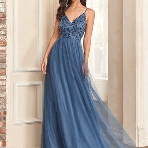 Brand New Sequins Embroidery Pattern Mesh Bridesmaid Dress Dusty Blue